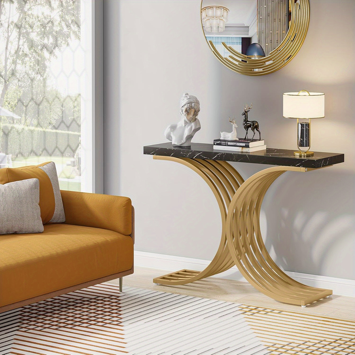 Narrow Console Table, Side Table With Golden Metal Frame, Hallway Table, Small Exhibition Table, Sofa Table For Small Space, For Entrance, Living Room (black)