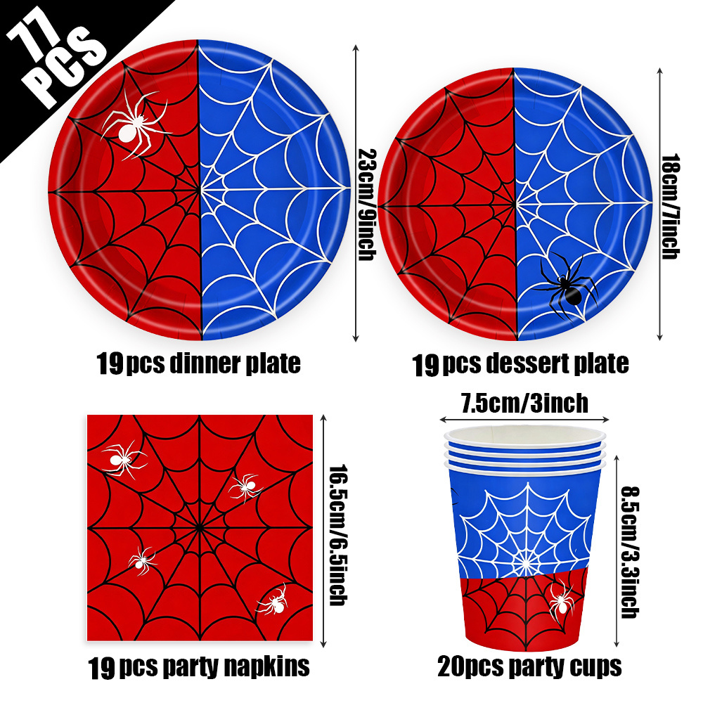 TEMU Set de vaisselle jetable 77 pièces Toile d'araignée de super-, assiettes, serviettes, gobelets en papier sur le thème de dessinée , kit de
