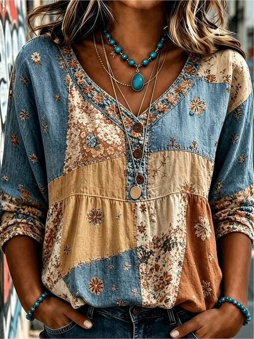 retro color block floral print womens v neck three button 3 4 sleeve blouse