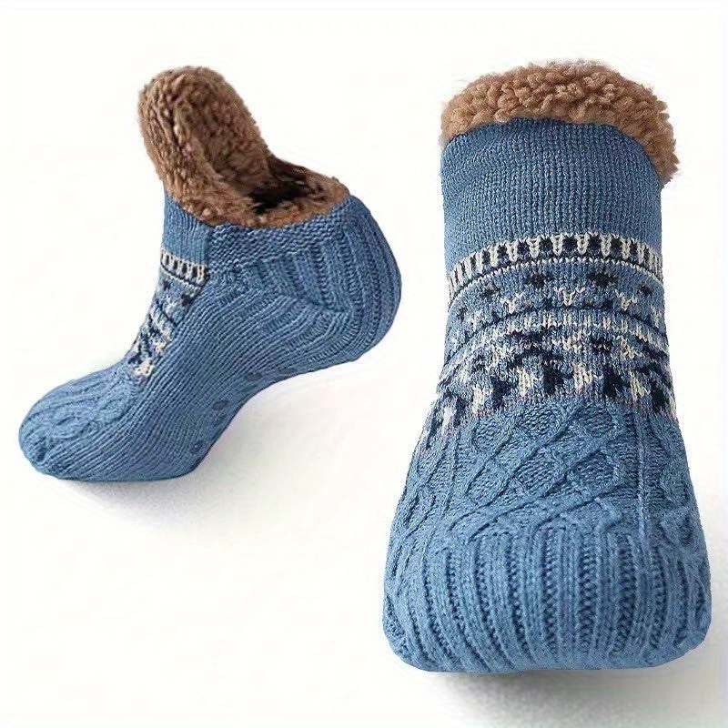 TEMU 1 Pair (2pcs Set) Sherpa Slippers, Men's Warm Socks, Comfortable Fluffy , , Non-slip Socks, Universal Women's Style - Grey, Blue, Fluffy Socks