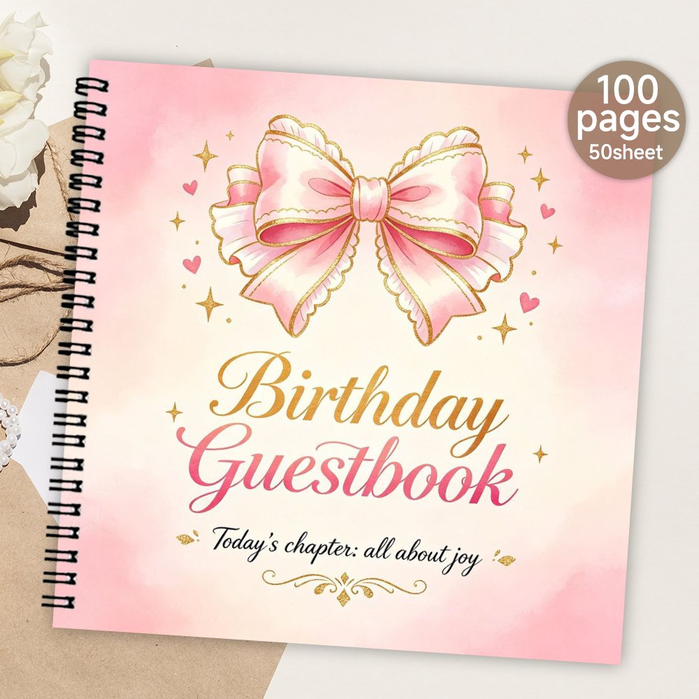 TEMU 1pc Spiral Guestbook, Pink Bow Decor Birthday Blank Page Guest Book, Meaningful Gift & Souvenir Album For Family & Message &