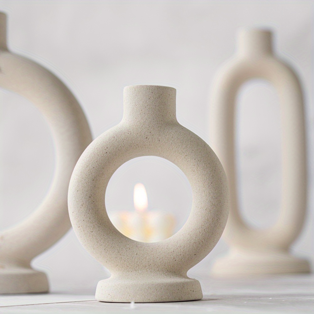 1pc Elegant Ceramic Candle Holder - Modern Minimalist Tabletop Decor with Open Circle Design, Beige/Neutral Tones for Dining Room, Living Room, Office - Durable Ceramic Construction, Compatible with Real or Electronic Candles - Home Decoration Cente