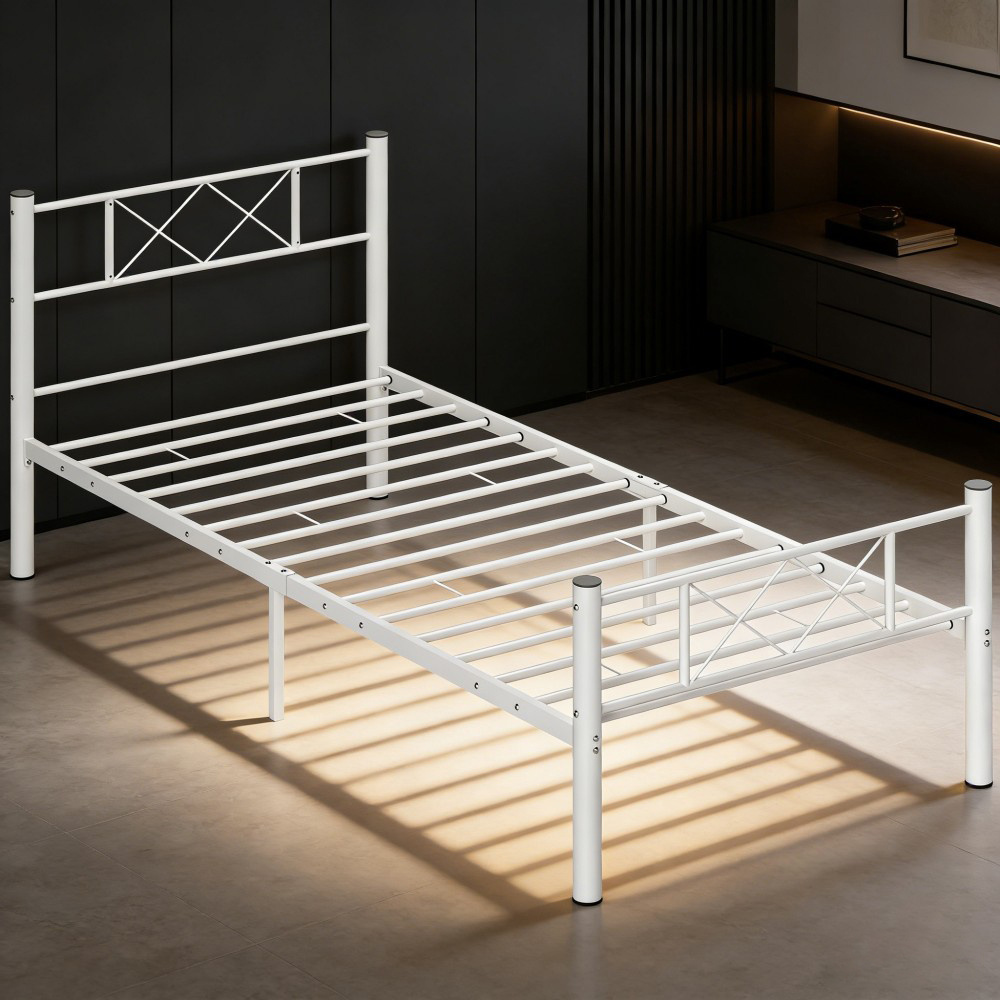 Steel Single Bed Frame Measuring 200 Cm, Standing 88 Cm Tall, Featuring A Metal Base Suitable For A Bedroom Or