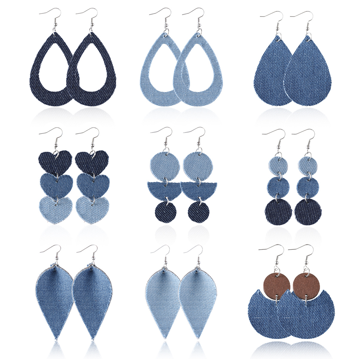 9 Pairs Women's Bohemian Denim & Earrings - Round Half-circle Crescent Heart Drop Suitable For Boho Western Style, Denim & Earrings For Daily Wear, Vacation, Gift, Non-metallic