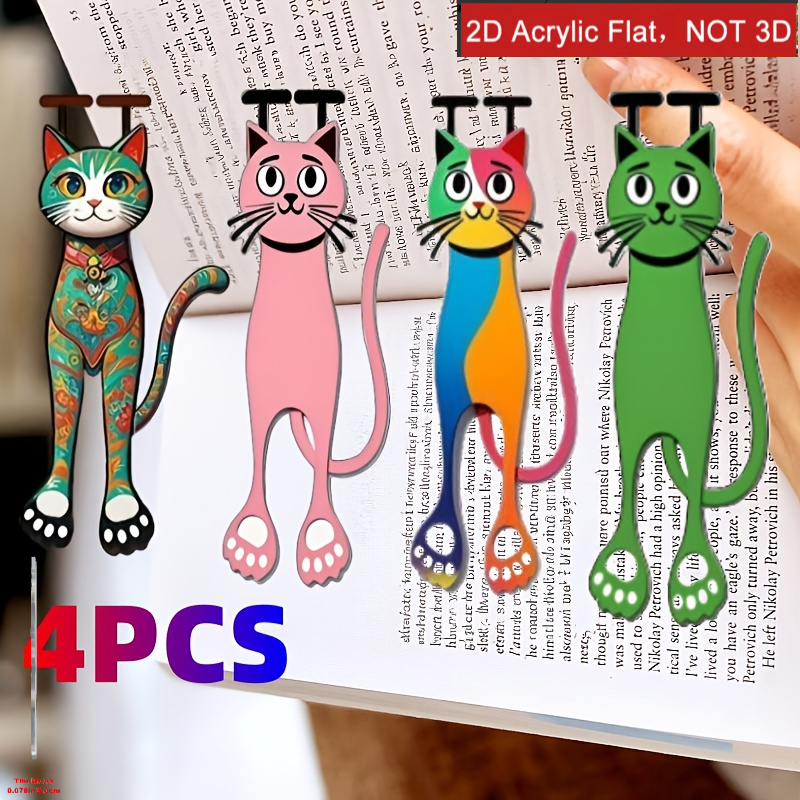 TEMU Lot de 4 marque-pages créatifs et colorés de chat, design plat 2D en acrylique. Un cadeau unique de papeterie et de marqueur de lecture pour des