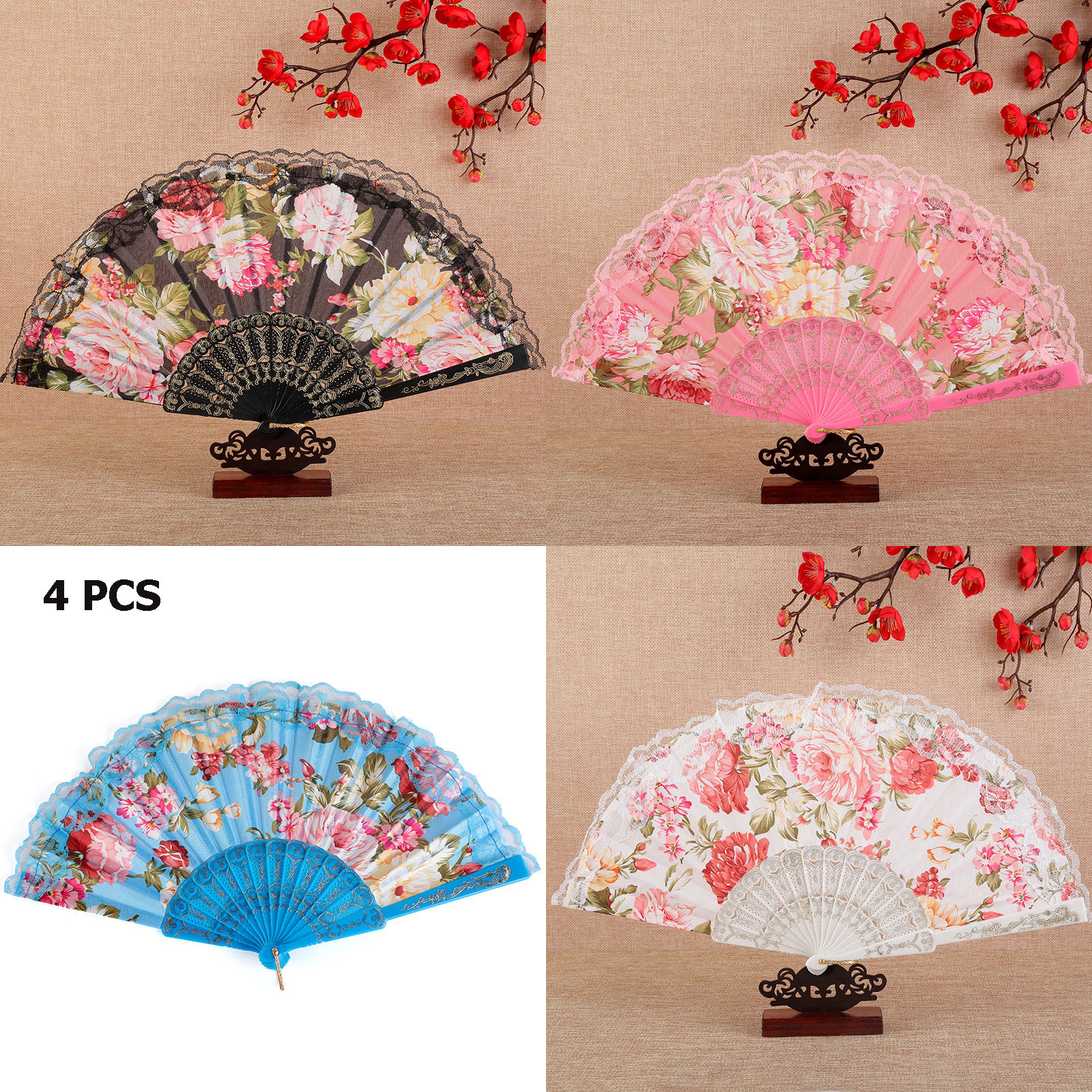Image of Set Of 4 Spanish-style Floral Folding Fans, Women's Lace Hand Fans, Suitable For Parties, Weddings, Dancing, And Home Decor