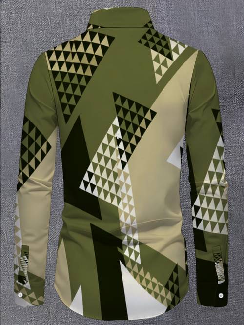 heren legergroen driehoek geometrisch shirt, functioneel shirt met lange mouwen en kraag