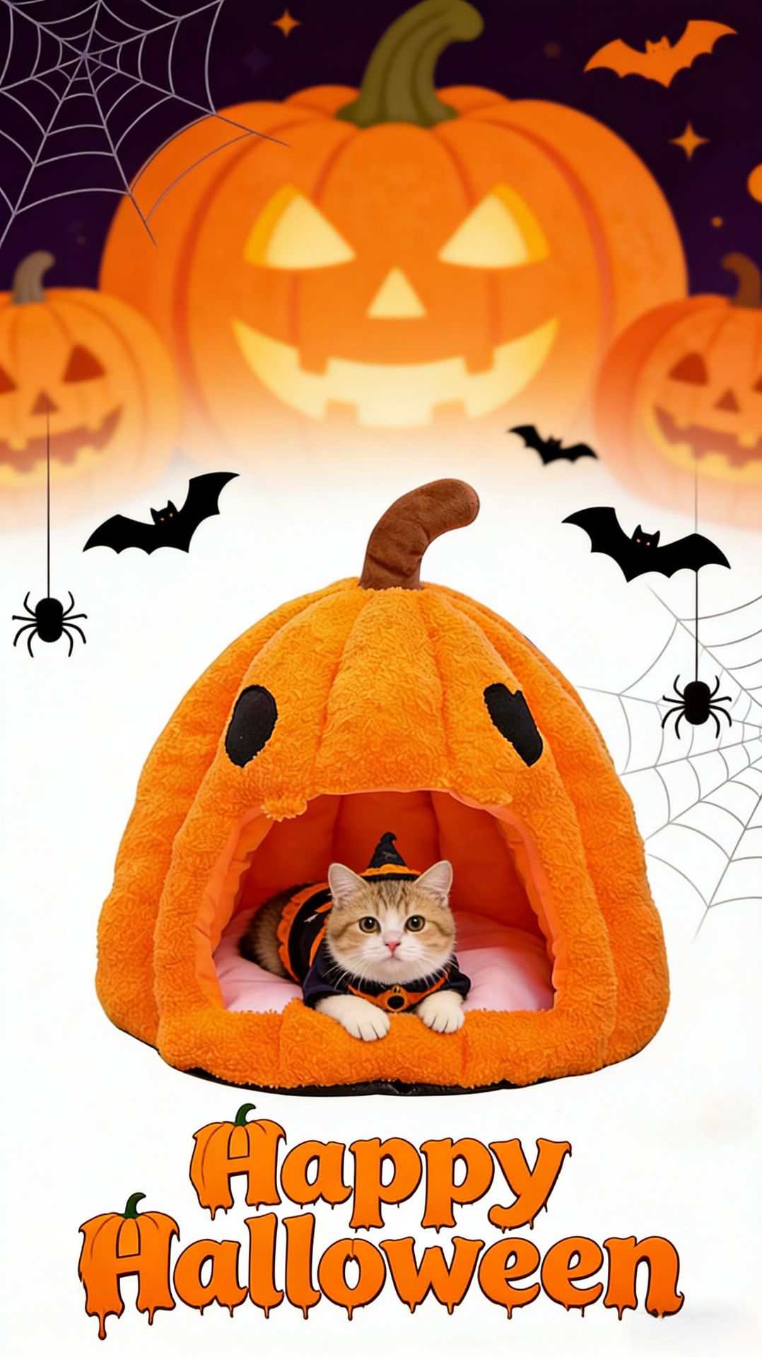 for halloween pumpkin pet nest orange plush soft fabric dome shaped enclosed pet bed with carved eyes and brown stem cozy hiding spot for small for halloween themed festive additions for indoor for halloween celebrati Product details 7