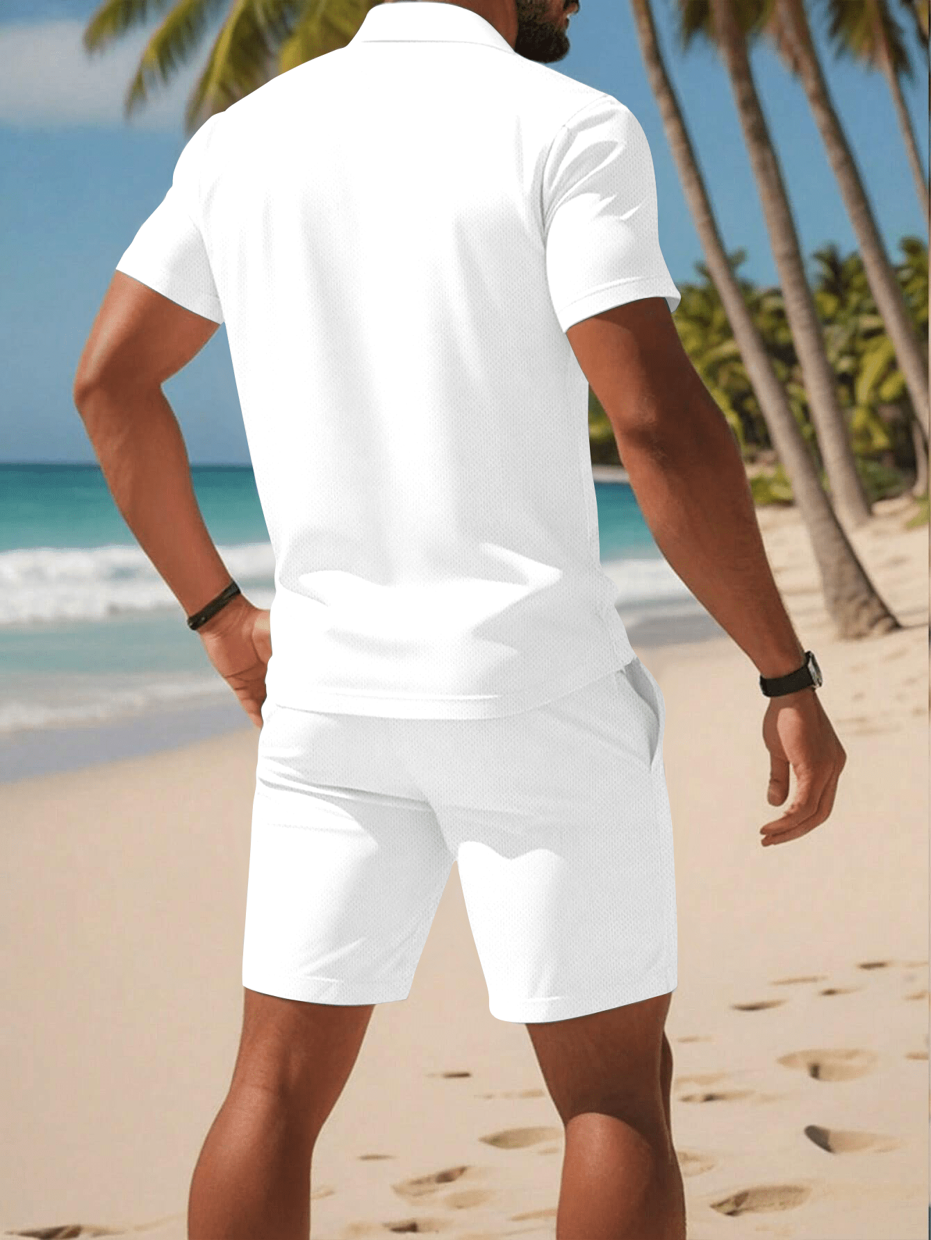 Men's Solid Color Short Sleeve Shirt with Drawstring Shorts Set - Summer Business Casual T-Shirt and Shorts Outfit for Everyday Leisure Wear