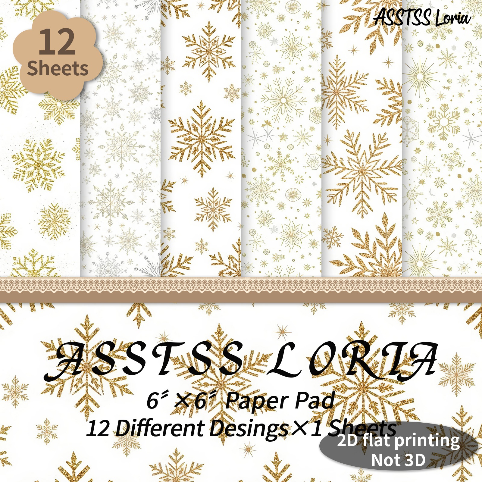 TEMU Lot de 12 feuilles de papier scrapbooking ASSTSS Loria 6X6 pouces, papier de base doré et argenté avec de neige / papier de , papier cartonné