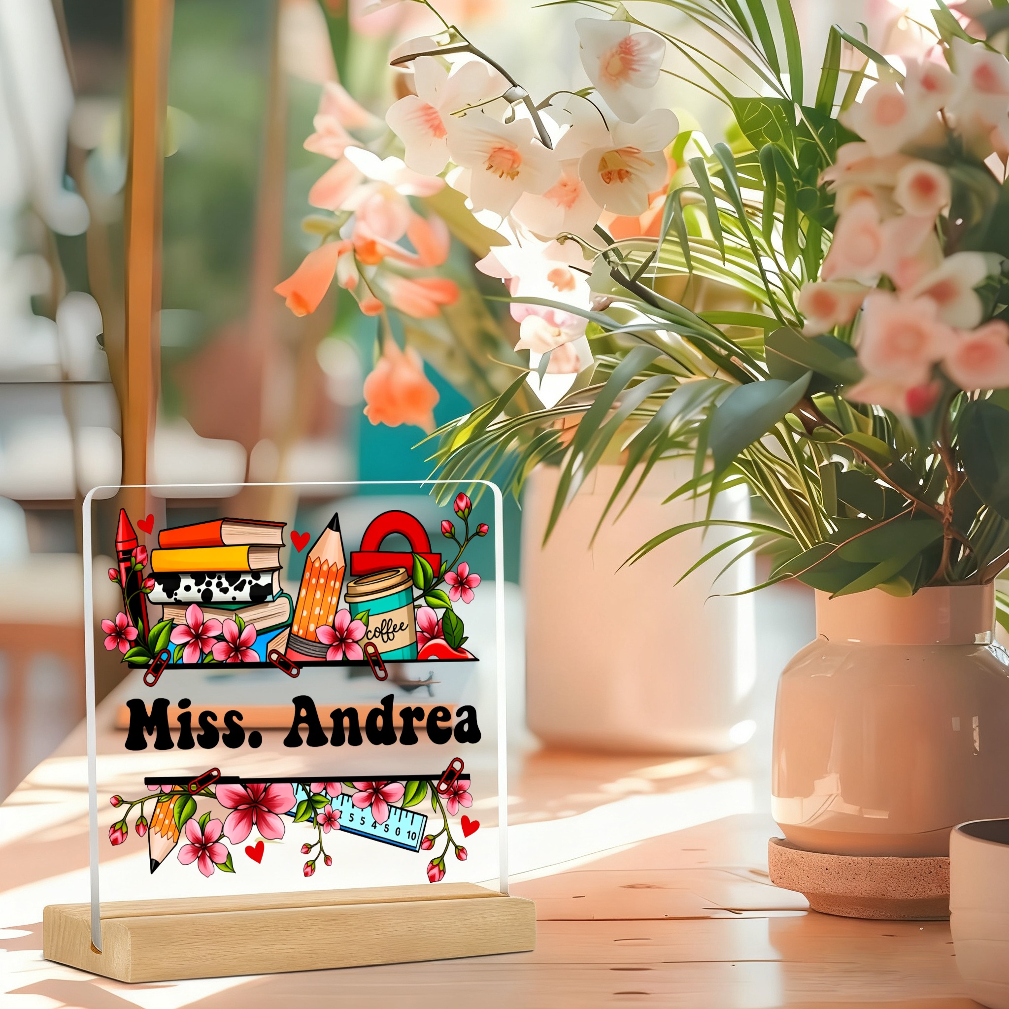 TEMU 2d Flat, Personalized Plate - Custom Engraved/printed Name & Initials Suitable For Teachers Day Gift, Transparent Acrylic Desk Decor With Pencil