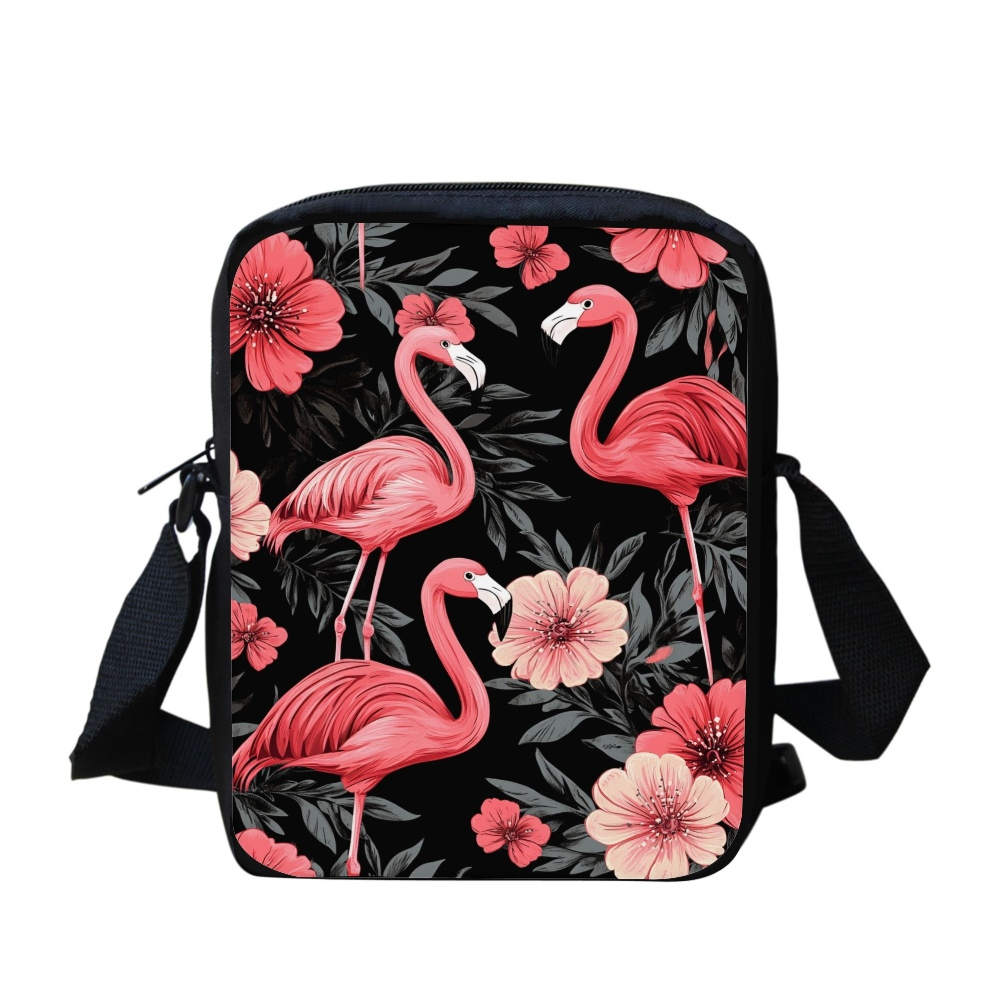 

Chic Flamingo & Floral Crossbody Bag With Adjustable Strap, Zipper Pocket - Lightweight, Foldable, Polyester Lined - Ideal For & Holiday Events - Black