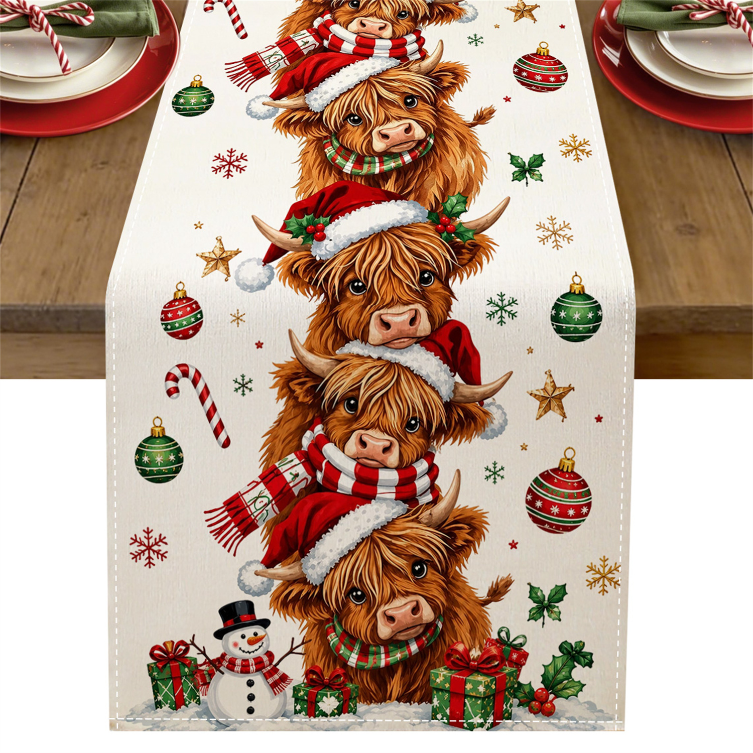 TEMU 1pc Christmas Table Runner With Stacked Highland Cows Snowman Gift Boxes Candy Canes Patterns, For Farmhouse Fireplace Mantel, Buffet Table &