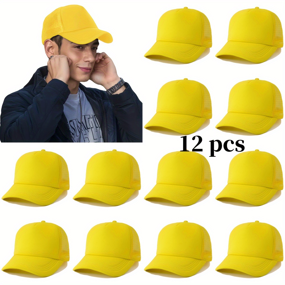12 Black Baseball Caps, Breathable & Adjustable Fit