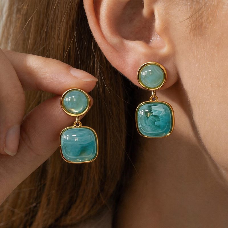TEMU 2 piezas de aretes colgantes cuadrados retro , joyería de acero inoxidable, aretes colgantes de resina cuadrada retro de moda para mujer,
