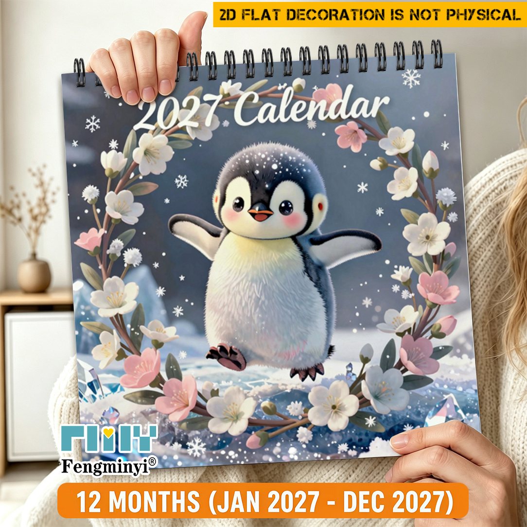 TEMU 2d Flat 1pc 2027 Calendars, 2027 Large Size Exquisite Calendar Desktop Desk Wall Calendar, Wreath Snowflake Penguin Cute 3d Rendering