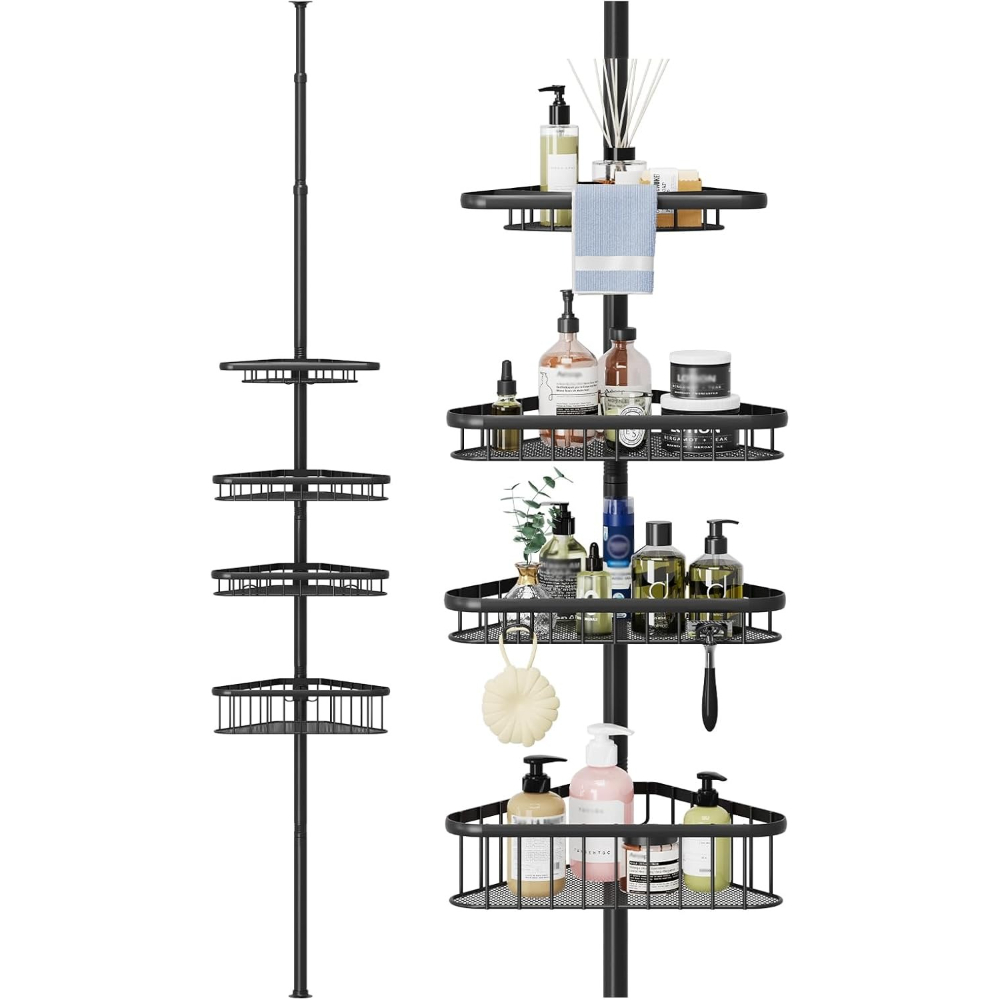 4 Tier Shower Caddy, Rust-proof No Drilling Telescopic Organiser Bathroom Shelves Adjustable Corner Storage Rack With Basket 98cm-287cm (black)