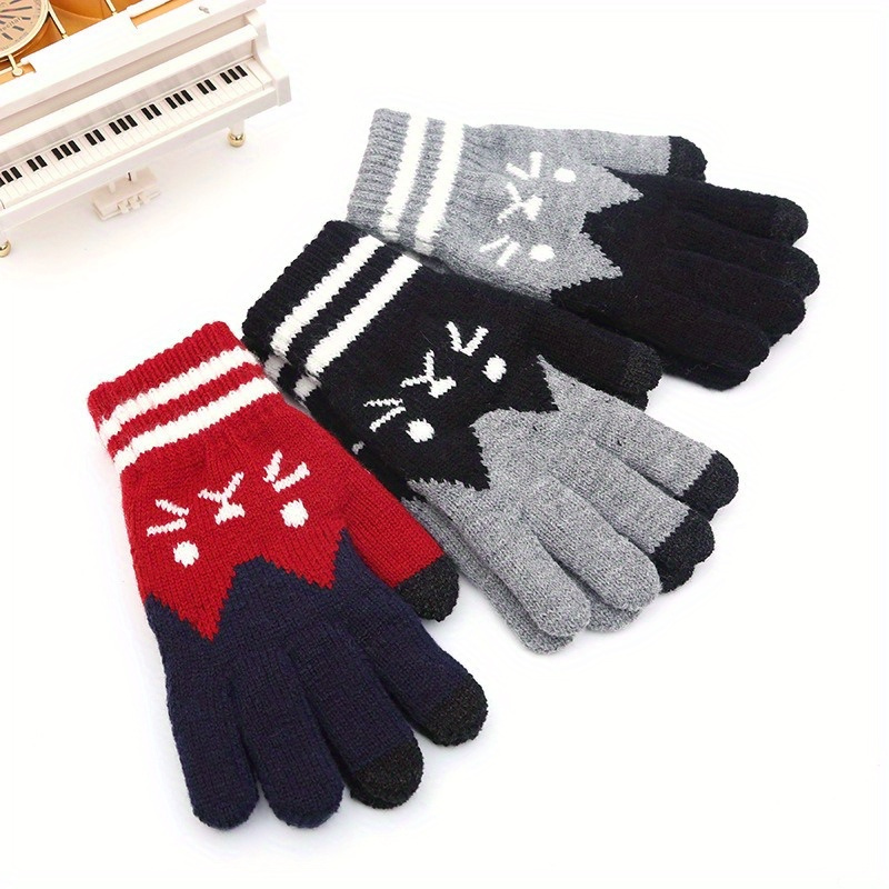 

Women's Winter Touch Screen Gloves, 1 Pair, Jacquard Cat Design, Flexible Finger, Warm Polyester Gloves, Casual Outdoor Wear, Hand Wash Only