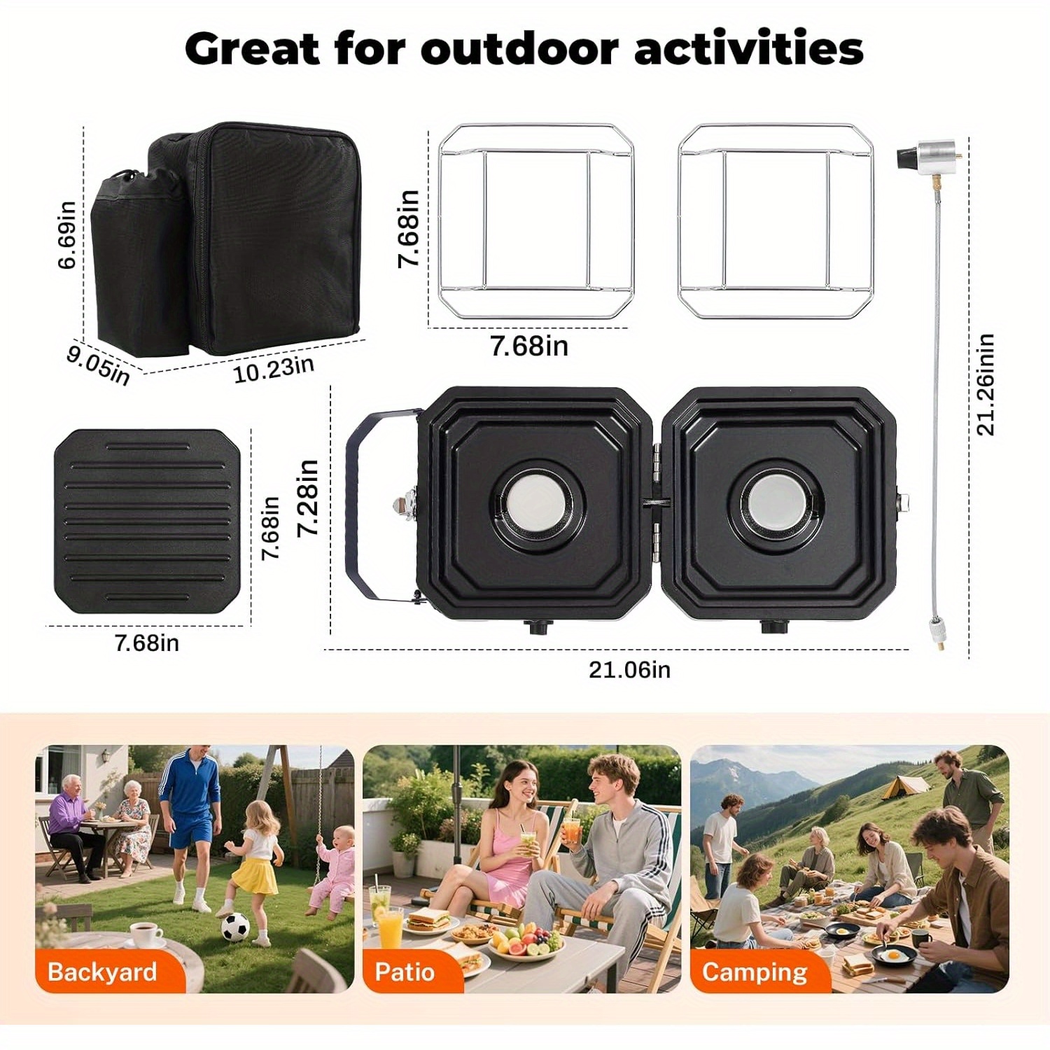 Camp Stove Propane, 2 Burner Folding Propane Camping Stove With Carrying Bag, Adjustable High Heat Burners & Piezo Push-Button Instant Ignition, Outdoor Tailgating, Backyard BBQ Camping Essentials