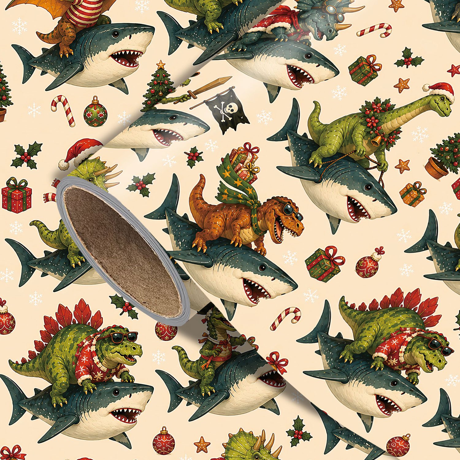 TEMU 1 Rouleau de de Noël Amusant, Papier d'Emballage de Fêtes Vintage avec Dinosaurs, Requins, Figures de Pirates, Bonnets du Père Noël, Drapeaux de