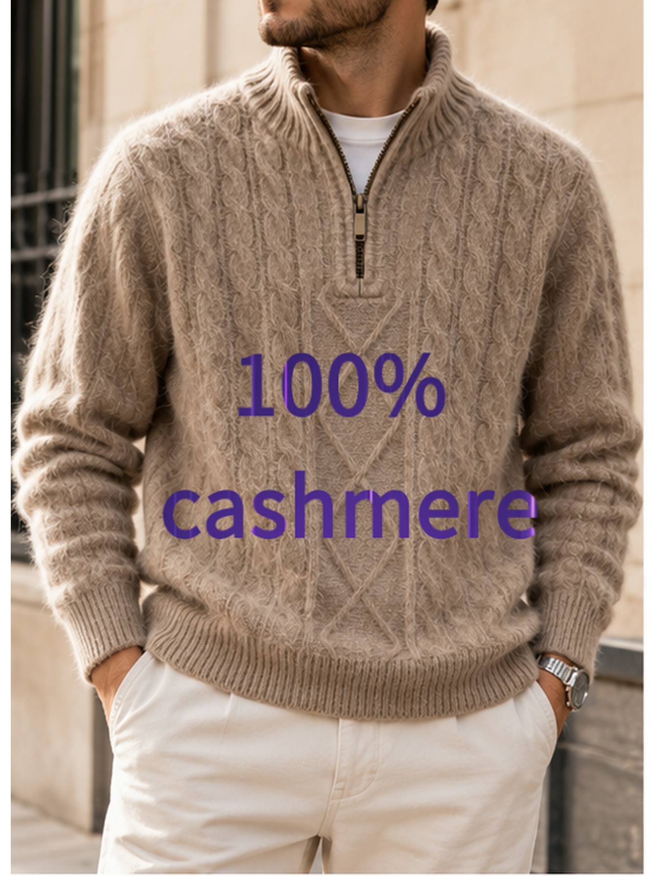 AW26 Pull Homme 100% Cachemire, Col Montant et Fermeture Éclair, Tricot Câblé Épais Texturé, Pull Chaud Automne/Hiver