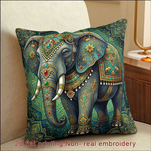 1pc 2d flat printing zipper throw pillow cover pillowcase for exotic themes elephant jewelry intricate patterns ornate decoration non real embroidery with zipper closure hand washable suitable for sofa bed outdoor and home decor