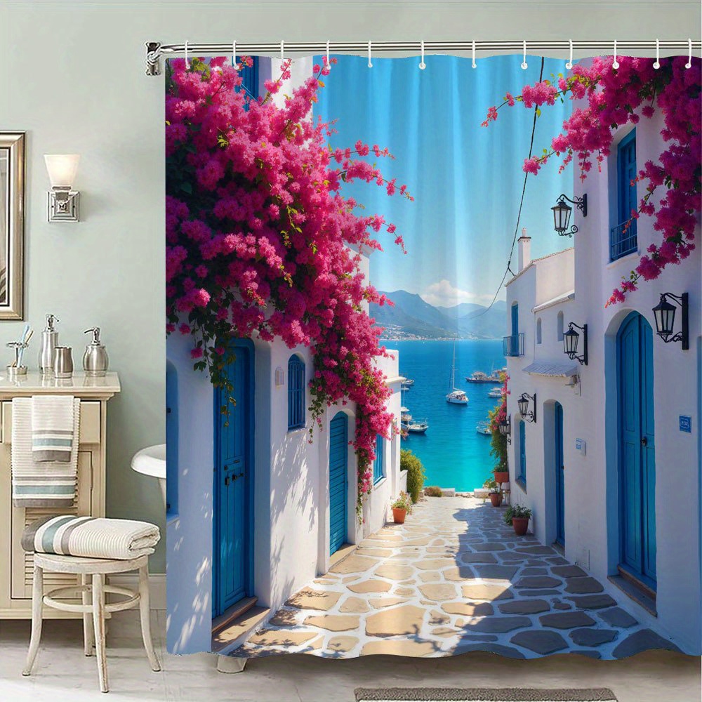 TEMU 1pc Rideau de Douche Village Grec - Bâtiments avec Bougainvillées, Rue Étroite vers le Port Turquoise, 70x70 Pouces Polyester Lavable en Machine