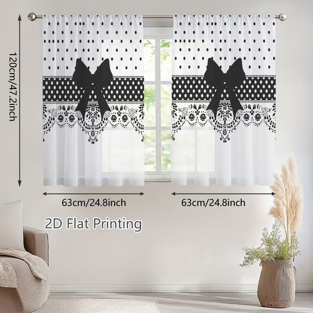 TEMU Lot de 2 rideaux légèrement voilages 2D plats, motif à noirs et avec détails en dentelle et nœud papillon , pour salons, chambres, à manger,