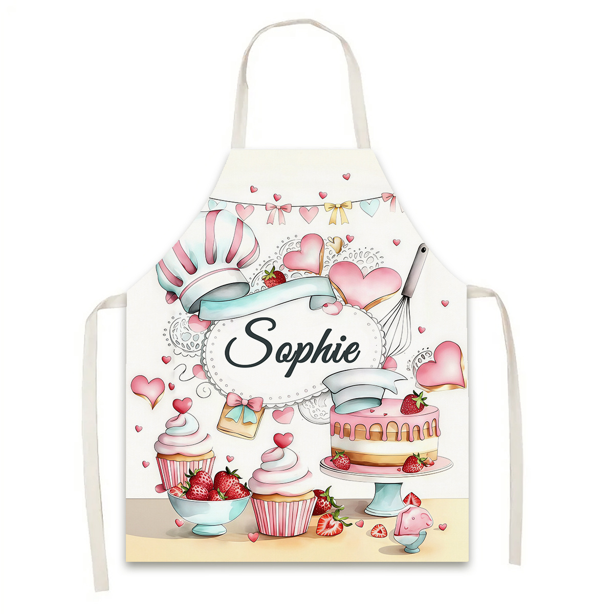 TEMU (customizable) 1pc, Customizable Name/slogan Kitchen Apron, Pink Chef Cake Print Apron, Sweet Baking Theme, Suitable For Cooking And Baking,