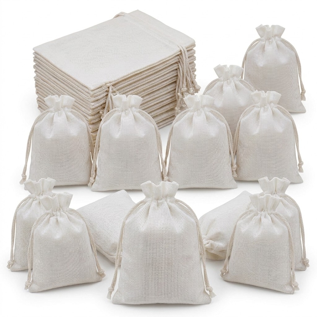 TEMU Gift For Her/him 60pcs Drawstring Gift Pouches Beige Fabric Jewelry Bags With Cord Closure, Soft Foldable Bulk Small Storage Bags For Home,