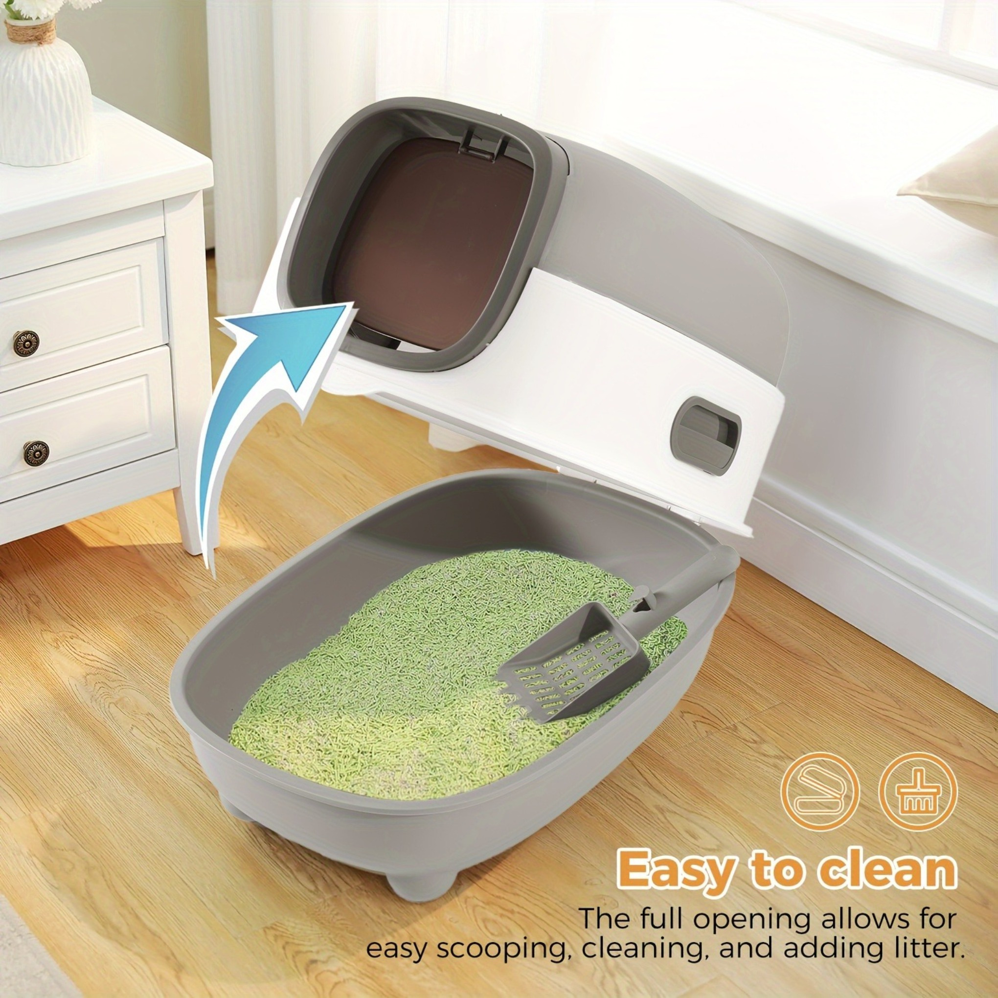 extra large luxury fully enclosed litter box, elevated   anti-leak large capacity durable cat toilet with cleaning shovel,   to litter spillage! elevated   toilet, increased capacity durable,   with cleaning shovel Product details 2