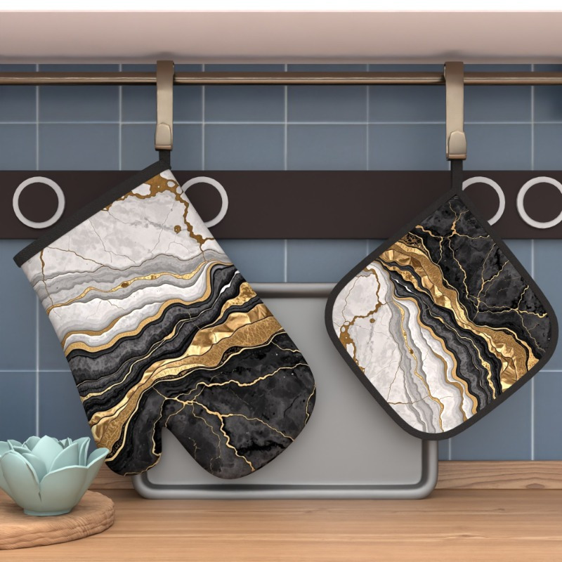 

2pcs Marble Golden Texture Oven Mitts, Heat Resistant Woven Polyester Pot Holders, Machine Washable, For Grilling, Cooking, Baking, Broiling, Microwaving, With Kitchen Decorative Accessories