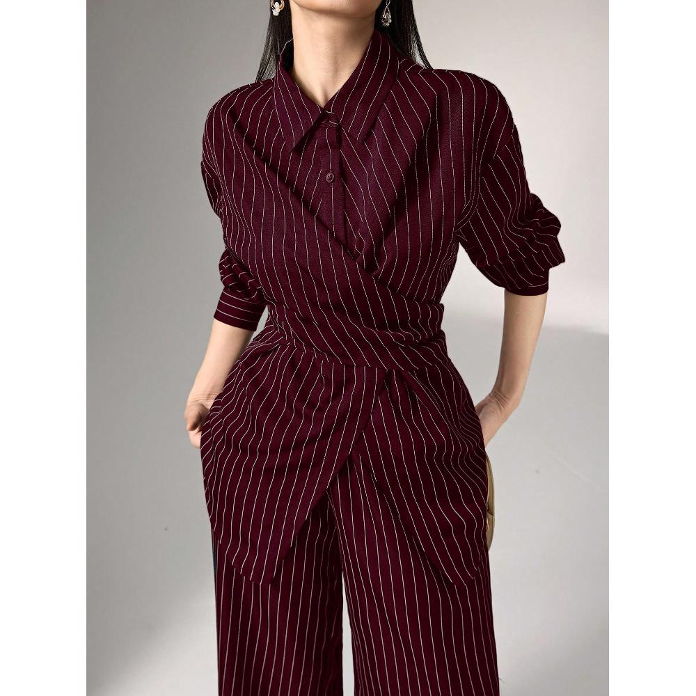 Burgundy Pinstripe Shirt + Pants 2pcs Set