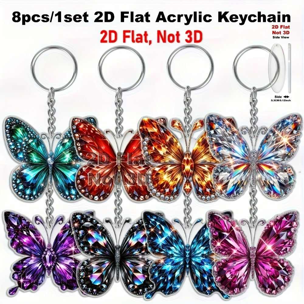 TEMU 2d Flat, 8pcs Set Women's 2d Flat Acrylic Keychain - Shiny Multicolor (,,,,,,,) Lightweight Bag Charms, Party Favors, Everyday Accessories,