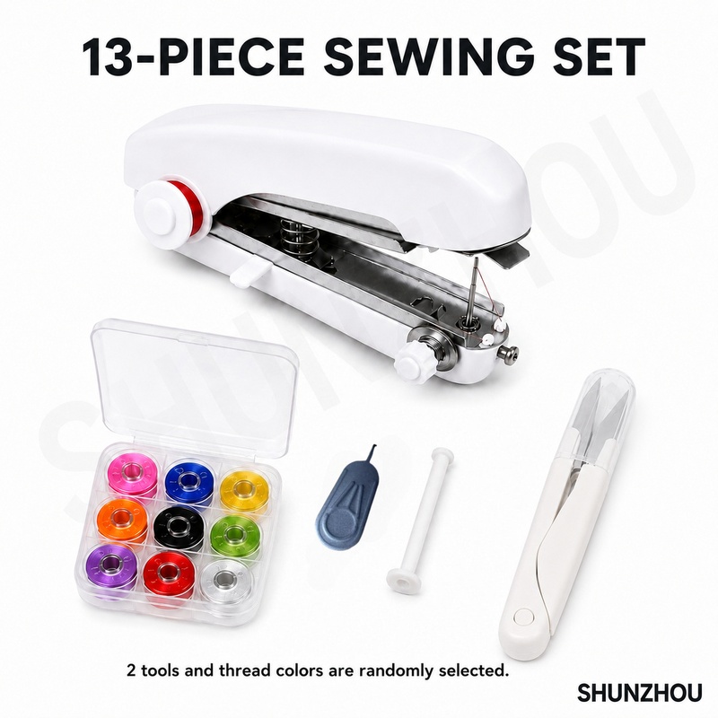 TEMU Mini Machine à Coudre à Main, Lot de 13 Pièces, Outil de Couture Manuel Portable avec Bobines de Fil Multicolores et Accessoires de Couture, Kit
