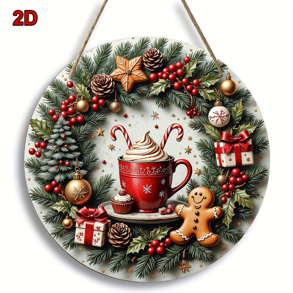 TEMU 2d Flat, 1pc 2d Flat Printed Vintage Christmas Wreath Decorative Sign - Round Wooden Hanging Ornament With Gingerbread For Man, Cup, And Decor,