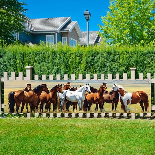 2d flat 1pc large banner brown white chestnut blonde horses with cowboy durable prairie decoration for western theme parties ranch decor birthday wedding photo backdrop indoor horse party decorations for adults setup vibrant wild west cowboy design for graduations baptisms confirmations tailgates 2d flat