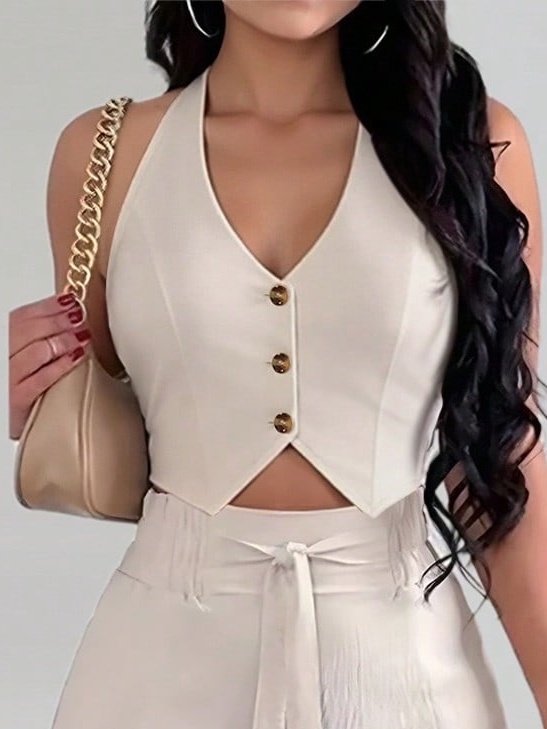 Conjunto de Cárdigan sin Mangas con Cuello en V y Pantalones para Mujer con Lazo Trasero y Lazo para el Cuello, Color Sólido, Tapeta de Botones, Outfit Casual de Vacaciones, Primavera Verano, Cómodo y Elegante, Ideal para Uso Diario