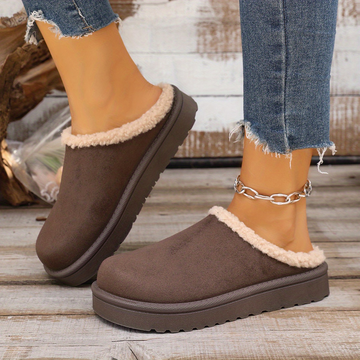 Women's Slip-On Chunky Platform Moccasin Boots with Plush Round Toe  Cover Upper Low Heel Round-Toe Comfortable Casual Shoes, Brown Booties  for - Main Image