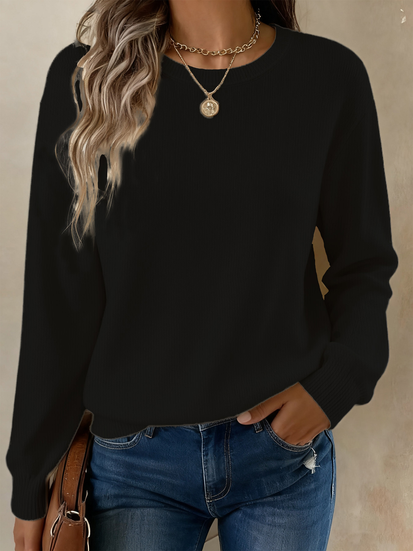 ladies fashion long sleeved round neck sweater suitable for daily wear   summer and autumn long sleeved round neck   comfortable and versatile