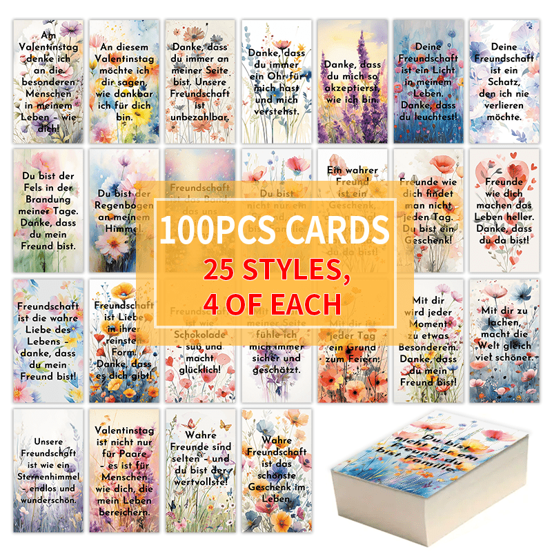 

100pcs German Affirmation Watercolor Floral Cards, Love Quote Paper Cards, , Family, Thanksgiving, Valentine's Day, Easter Gifts