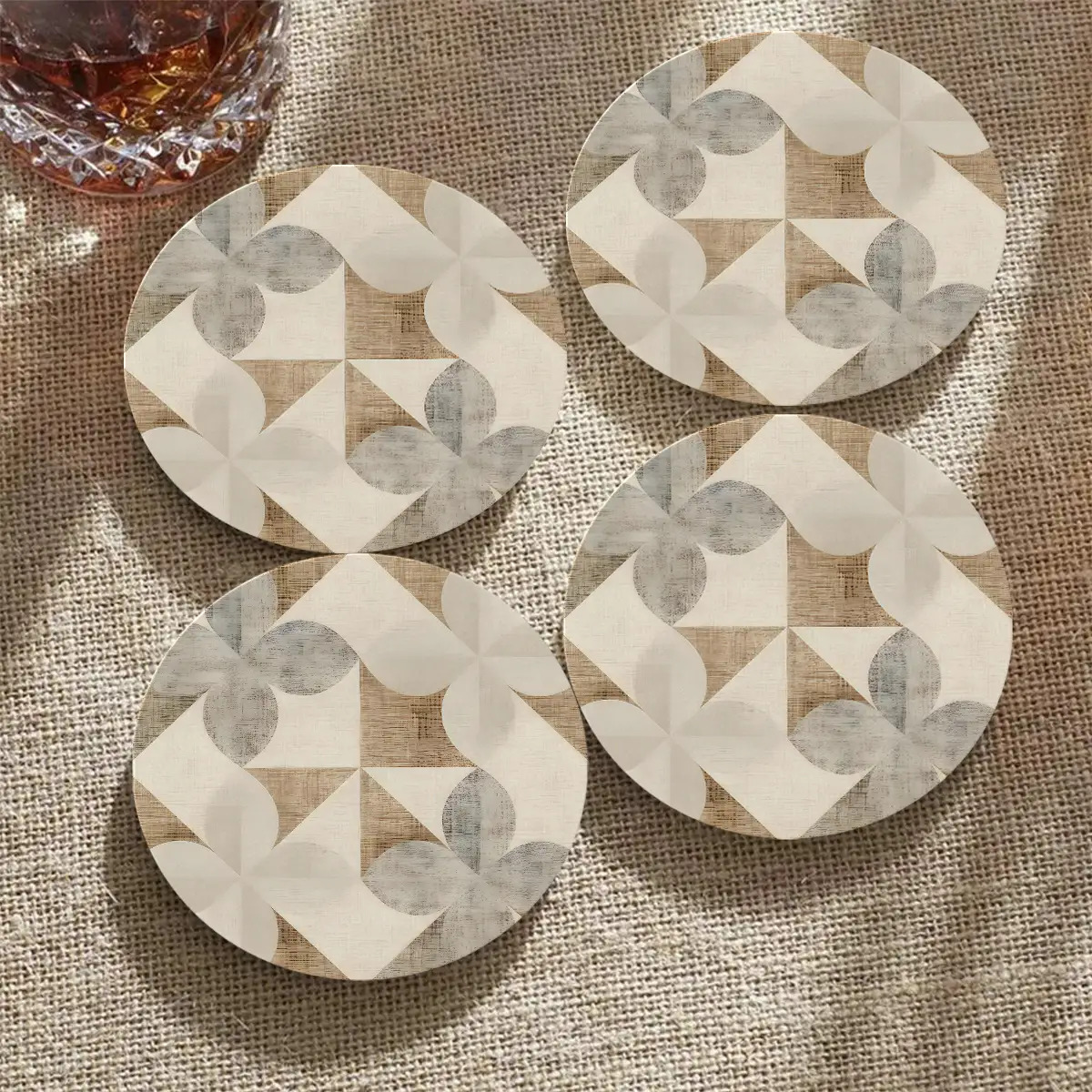 TEMU A Set Of 4 Round Wooden Coasters Featuring White And Gray Floral Designs - This Festive Coaster Set Is Perfect For The Living Room, Office,
