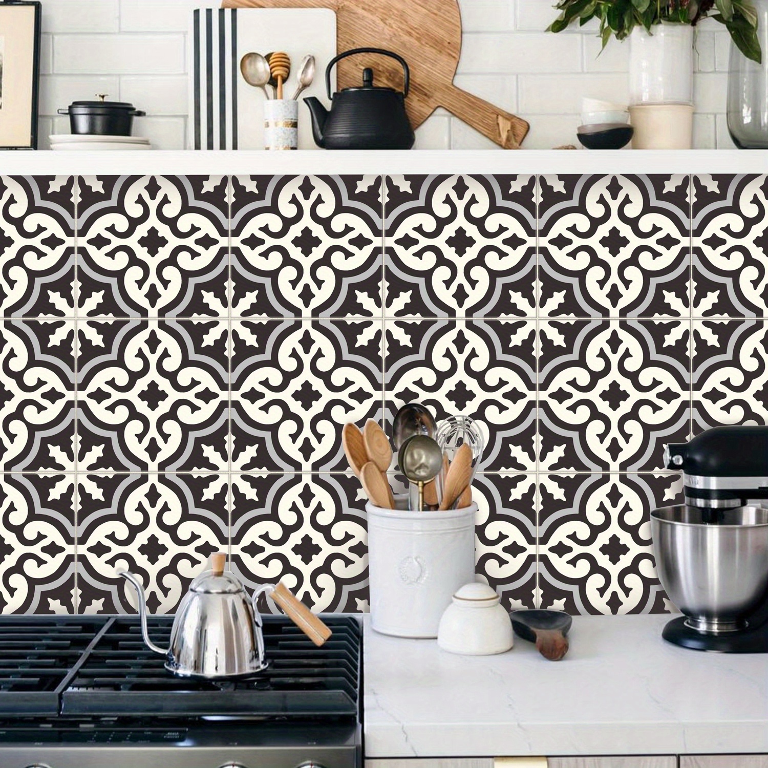 10pcs waterproof oil proof floral tile stickers self   peel and stick wallpaper like decals green and white floral pattern for kitchen bathroom living room 4x4in or 5 9x5 9in     removal ideal for   renovation apartment decor Product details 4
