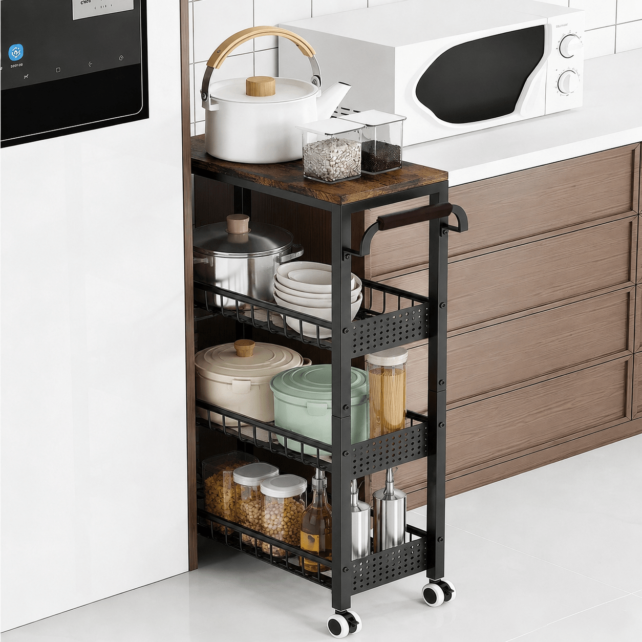 Image of Slim Storage Cart 4 Tier Narrow Kitchen Rolling Cart On Wheels For Small Space, Mobile Utility Cart Shelving Unit With Wooden Top And Metal Handle For Kitchen, Bathroom, Laundry Room