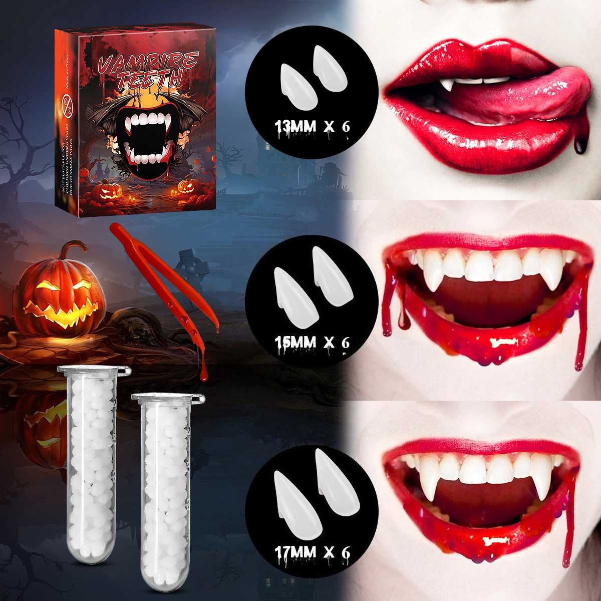Dents De Vampire Cosplay - 4 Paires Tailles 13/15/17/19 Mm - Résine Blanche - Pour Costume Et Fêtes D'Halloween