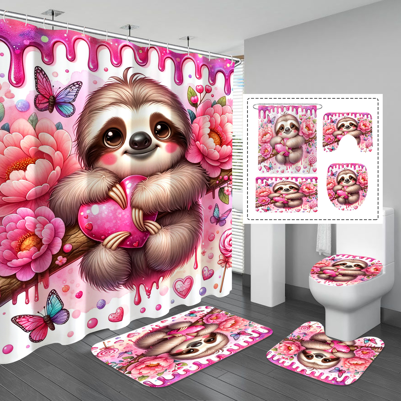 

Gibelle 1/4pcs Valentine Sloth Shower Curtain Set, Waterproof Polyester Bath Decor With Floral , Includes Rug, Mat, Toilet Lid Cover, Machine Washable, Romantic Bathroom Accessories With Hooks