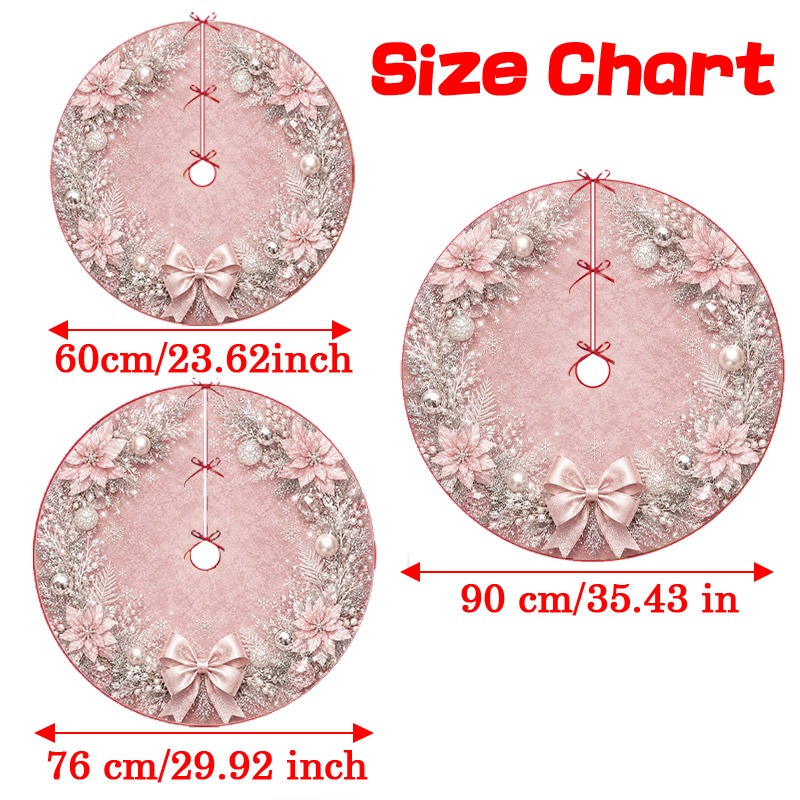 TEMU -1pc Light Pink Pearl Wreath Christmas Tree Skirt, Soft Pink Background, Pink Red Flowers, Pearl Christmas Balls And Silvery Branches, Snowflake