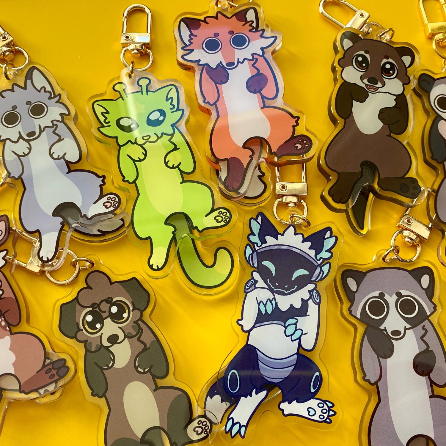 TEMU 2d Flat, 2d 8pcs Plush Acrylic Keychain Set Featuring Fox, Wolf, Deer, Cat, Dog, Beaver, And | Handbag Charm| Gift
