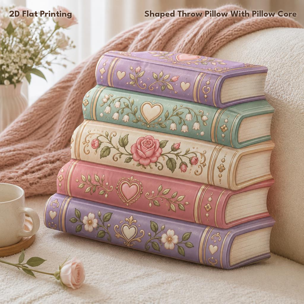 TEMU Coussin décoratif avec motif de piles de livres floraux et cœurs, cadeau pour des livres, impression plate 2D, coussin en peluche pour chambre à