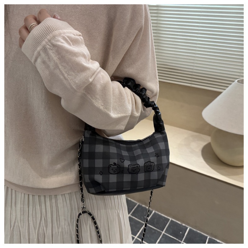 Plaid Ruched Handle Hobo Bag With Pearl Bow And Chain Shoulder Bag_voghion.com